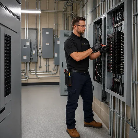 Commercial and industrial electrician working on electrical equipment
