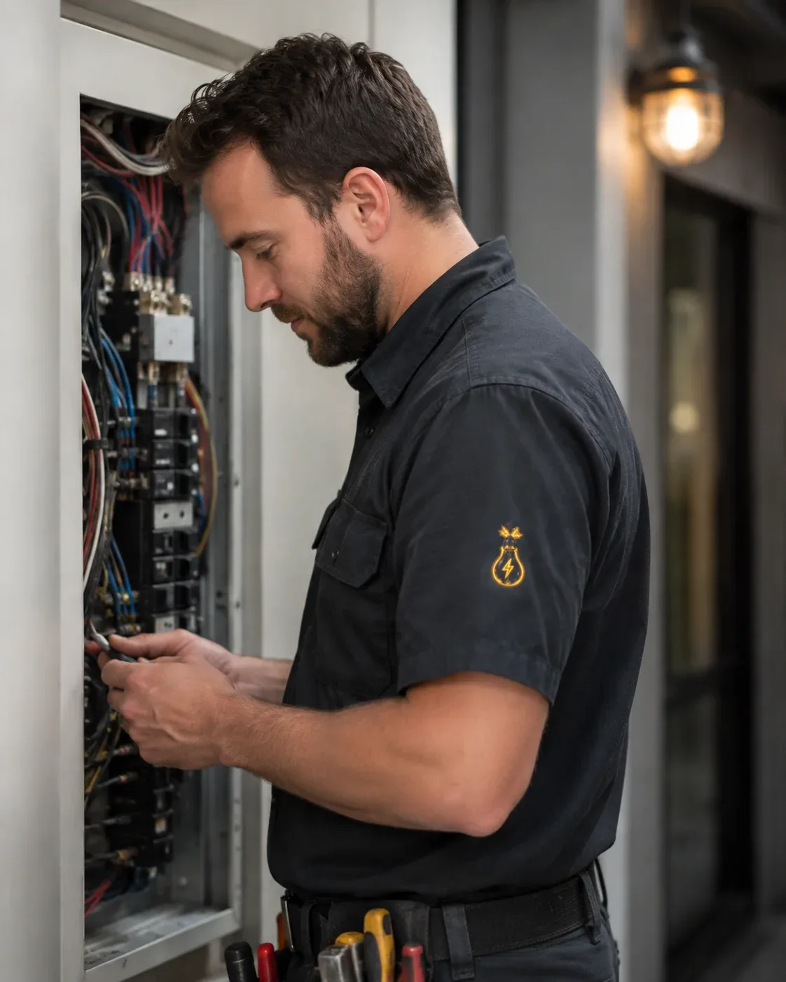 Electrician inspecting an electrical panel during a service visit in East York