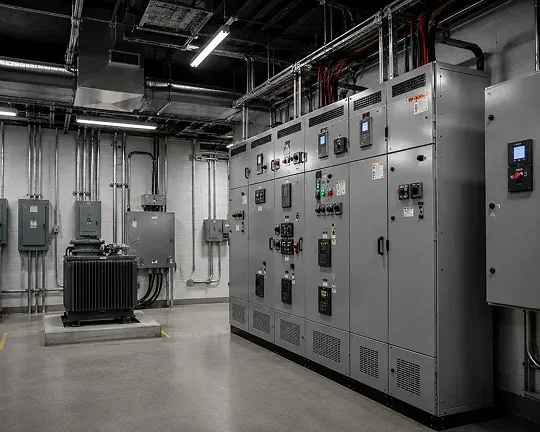Commercial electrician inspecting electrical distribution equipment in East York