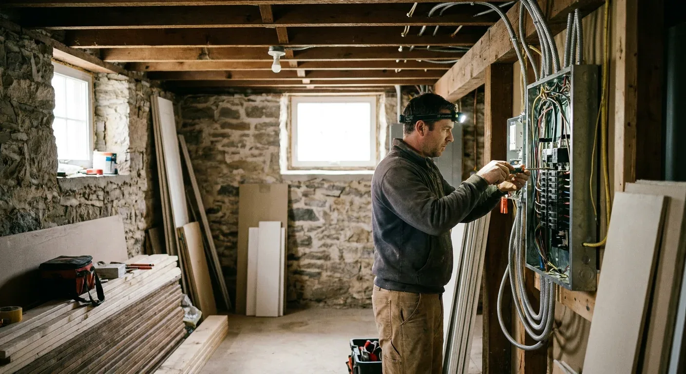 Electrician working on residential wiring inside an East York home