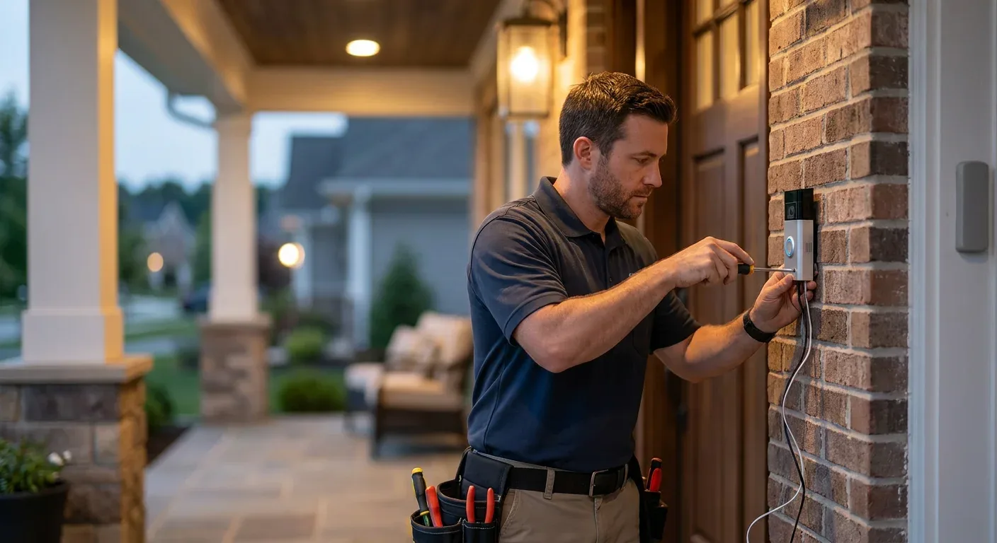 Electrician installing a smart video doorbell camera at a home entrance