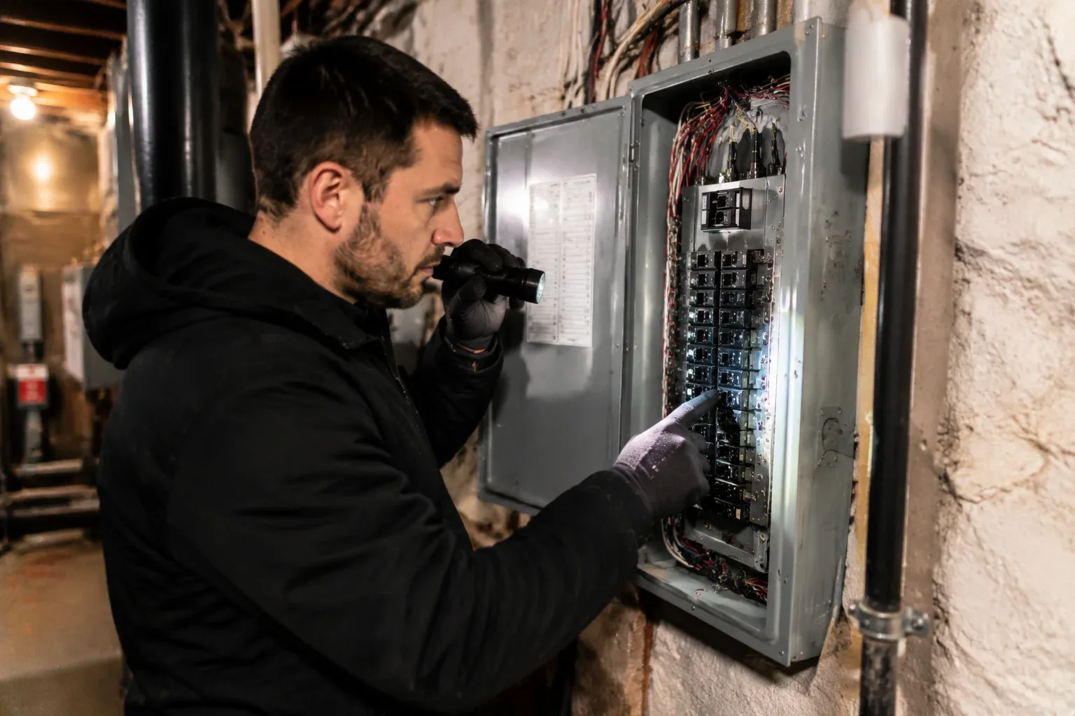 Emergency electrician inspecting an electrical panel during an urgent repair